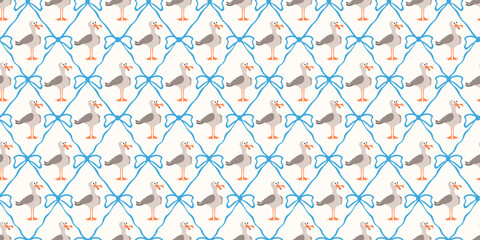 Summer. Coquette seamless Trellis. Vector illustration of seagull Coquette Bow and Ribbon seamless pattern. Perfect child wallpaper textile fabric print. EPS 10