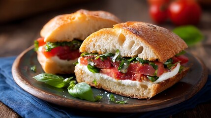 Fresh Caprese Sandwich with Tomato, Mozzarella, and Basil on Ciabatta Bread