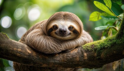 Fototapeta premium Relaxing Sloth on Tree Branch in Vibrant Jungle Backdrop, Exuding Tranquility and Warmth in Lush Tropical Environment