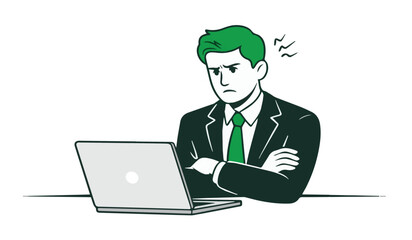 Focused Businessman with Laptop: Professional Male Character Working on Computer in Modern Vector Style

