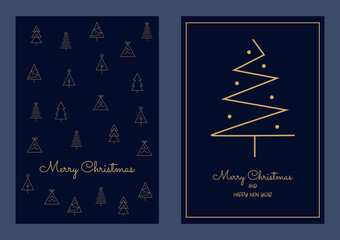 Minimal Christmas Card with Gold Line Trees on Dark Blue Background. Elegant Holiday Greeting