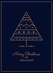 Minimal Christmas Card with Gold Line Trees on Dark Blue Background. Elegant Holiday Greeting
