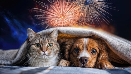 Frightened pets huddling under blankets amidst fireworks on Fourth of July at A tense moment of anxiety and awe in an explosive display of light and color.