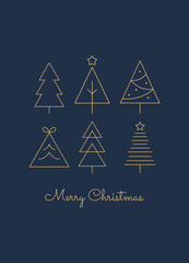 Minimal Christmas Card with Gold Line Trees on Dark Blue Background. Elegant Holiday Greeting