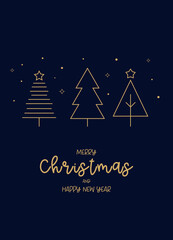Minimal Christmas Card with Gold Line Trees on Dark Blue Background. Elegant Holiday Greeting