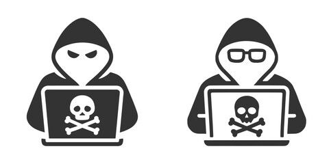 Vector icon of hacker character using a laptop in hoodie.