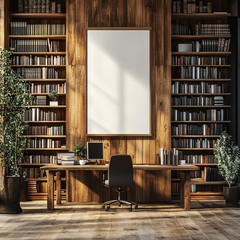 Blank poster mockup on warm wooden wall in a modern library: sleek bookshelves, tidy computer desks bathed in soft daylight, minimalist 3D‑rendered atmosphere.