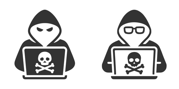Vector icon of hacker character using a laptop in hoodie.