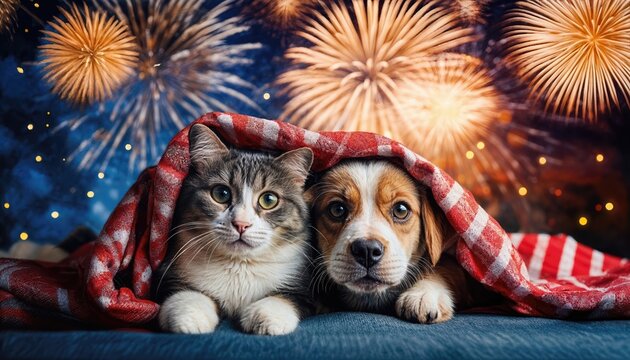 Frightened pets sheltering under blankets amidst Fourth of July fireworks explosion in vibrant colors and textures, capturing a moment of shared anxiety and protection. - Powered by Adobe