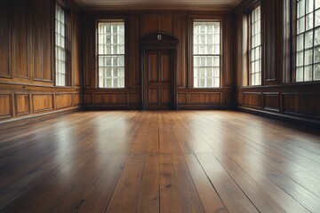 Obraz premium Empty wood paneled room with windows and shiny wood flooring. Use for architecture, backgrounds, interiors, historic, or design projects.