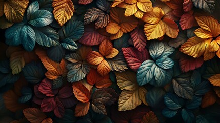 Artistic foliage carpet of vibrant colored leaves creates captivating texture