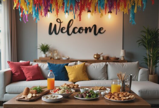 Decorated living room for a housewarming party with streamers and a welcome sign