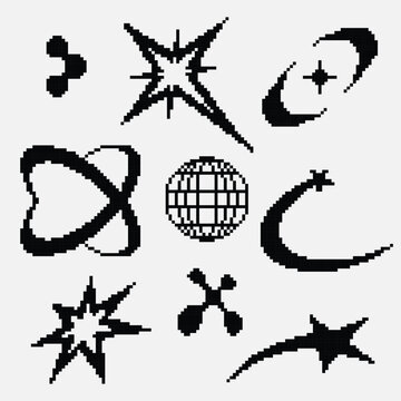 A set of black pixel art inspired Y2K elements perfect for streetwear fashion design