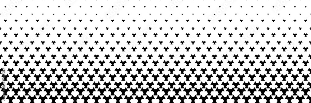 Poster horizontal halftone of black triangle and hexagon design on white for pattern and background.