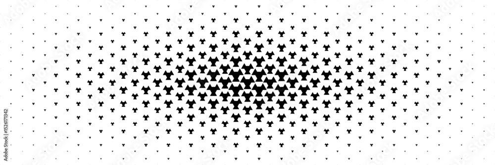 Poster horizontal halftone of black triangle and hexagon design spread from center on white for pattern and background.