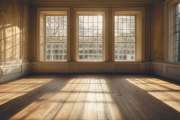 Sunlight streams through big windows in an empty, vintage room. Perfect for adding your own design element or product placement.