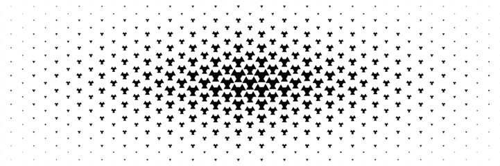 horizontal halftone of black triangle and hexagon design spread from center on white for pattern and background.