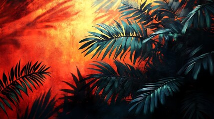 Tropical backdrop featuring palm leaves against an abstract orange texture