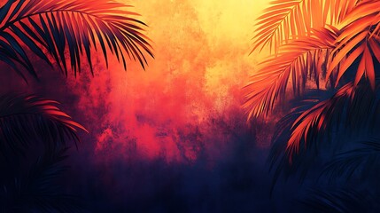 Abstract tropical backdrop with palm fronds and vibrant sunset hues illustration