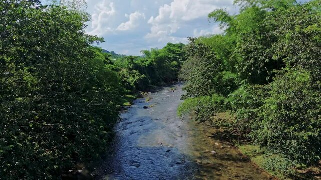 Drone flies above Rio Maimon, clear waters flowing through dense green tropical forest, sunny day, wild nature, Dominican Republic. Aerial forward ascending
