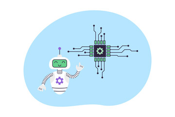 Cute robot points at electronic chip. Artificial Intelligence Virtual Assistant. Business and Education Concept. Isolated vector illustration.