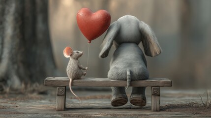 Mouse and Elephant Sitting Together on Bench