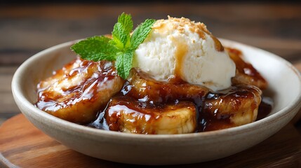 Banana Foster with Vanilla Ice Cream Topped with Mint