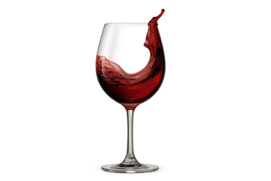 Crystal clear wine glass with swirling, splashing red wine on a transparent background, perfect for adding a touch of elegance to any design