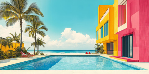 swimming pool in a tropical resort, artistic illustration