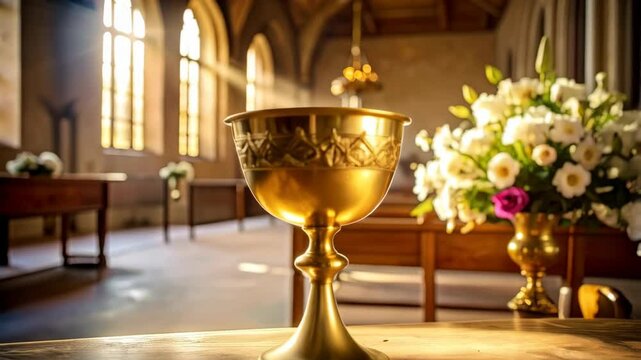 Golden chalice on wooden table in sunlit interior of church hall with flowers, benches and architectural design details