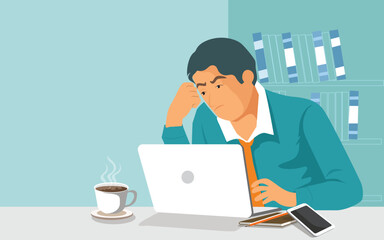 Stressed businessman with head in hands with laptop computer in his office. vector, illustration