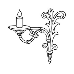 Line art of an antique wall-mounted candle sconce with ornate detailing and curving arm silhouette vector illustration