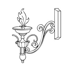 Line art of an antique wall-mounted candle sconce with ornate detailing and curving arm silhouette vector illustration