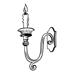 Line art of an antique wall-mounted candle sconce with ornate detailing and curving arm silhouette vector illustration