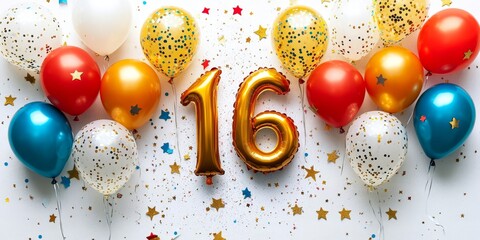 Golden Number 16 Balloon for 16th Birthday Celebration With Fun, Festive Balloons and Confetti