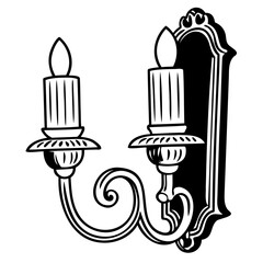 Line art of an antique wall-mounted candle sconce with ornate detailing and curving arm silhouette vector illustration