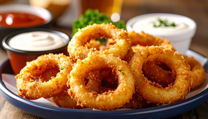 Onion rings, mozzarella sticks with spicy sauces. Tasty snack. Delicious food. Cooking and culinary