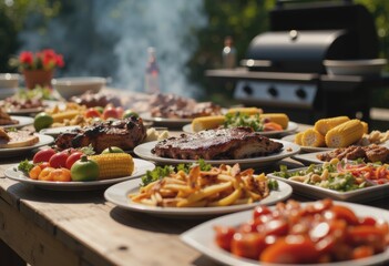 Backyard barbecue grill with delicious food and refreshing drinks