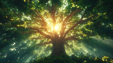 Obraz premium Enchanting view of a magnificent tree reaching for the sky with sunbeams