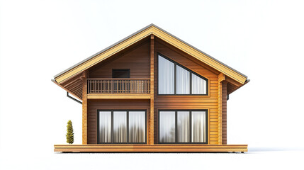Modern wooden house with large windows and balcony, exuding warmth and comfort