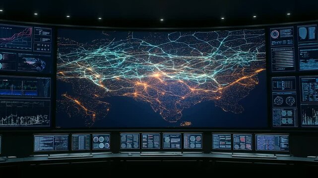 High-Tech Control Room Displaying Supply Chain Maps and Data