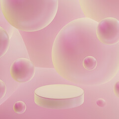 3D realistic podium background - one pink circle podium, dreamy pink abstract spheres. Mockup, 3D rendering, template. Soft gradient, glossy texture. Stage for display product, scene showcase.