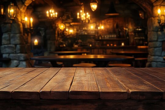 Rustic wooden table with blurred medieval tavern backdrop and warm light. Ideal for showcasing food, drinks, or product mockups in cozy setting.