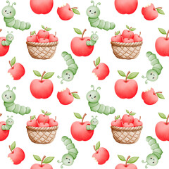 Watercolor Apple and Caterpillar seamless pattern.
