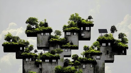 transform your space with an innovative sustainable building poster: featuring green features, solar panels, and an urban garden for perfect harmonious integration