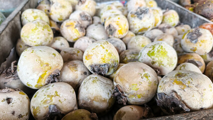 Close-up view of many ripe persimmon fruits.