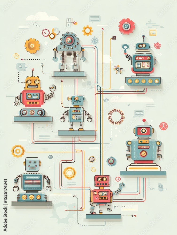 Fototapete AI-driven Process Automation Flowchart Featuring Robots and Gears in a Clean Tech Layout With Pastel UI Design