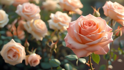 Soft Peach Rose in Bloom with Blurred Rose Garden Background