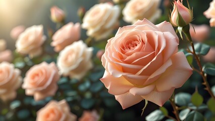 Soft Peach Rose in Bloom with Blurred Rose Garden Background