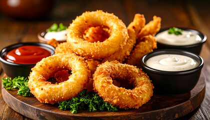 Onion rings, mozzarella sticks with spicy sauces. Tasty snack. Delicious food. Cooking and culinary
